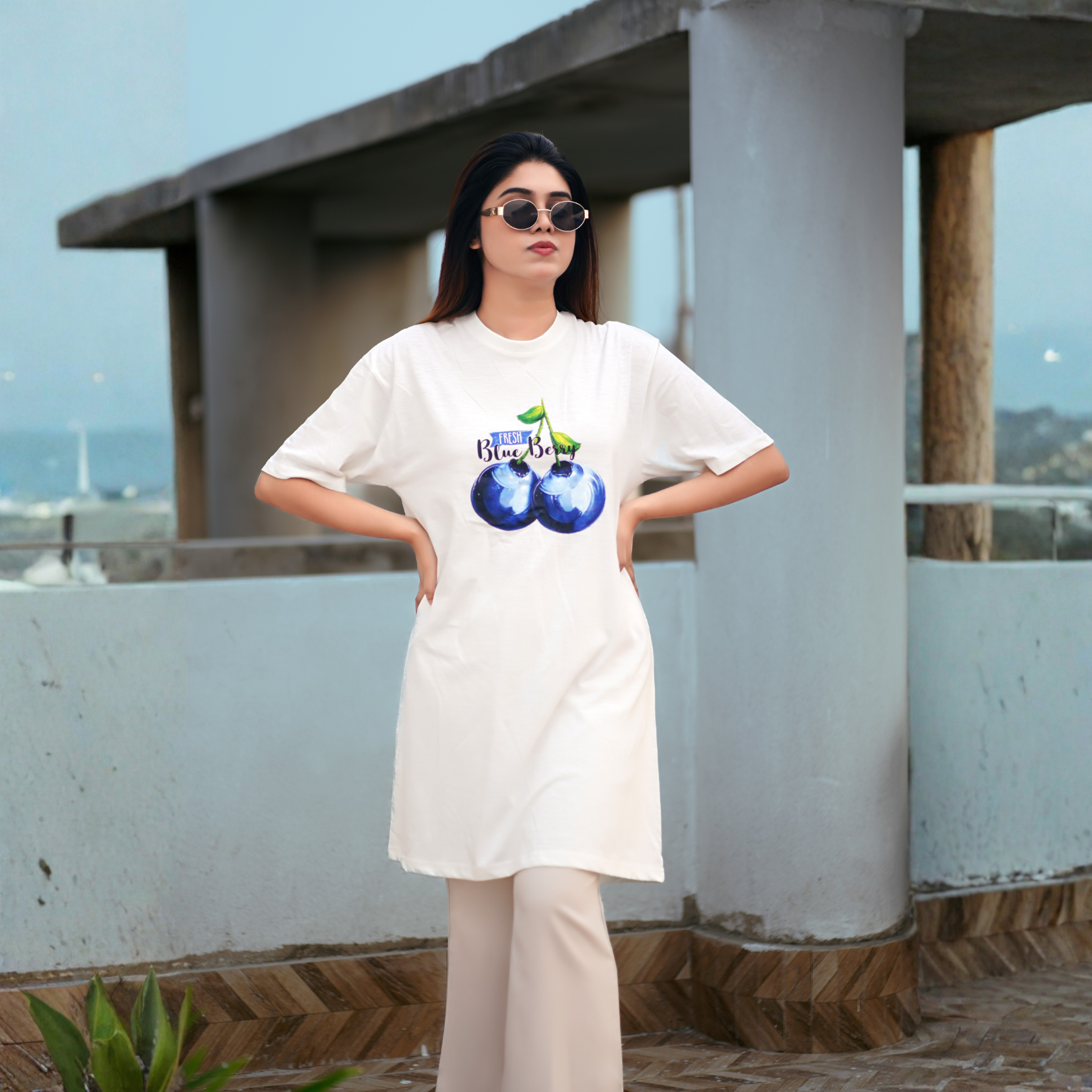 Ladies Long T-Shirt (Blue Berry White)
