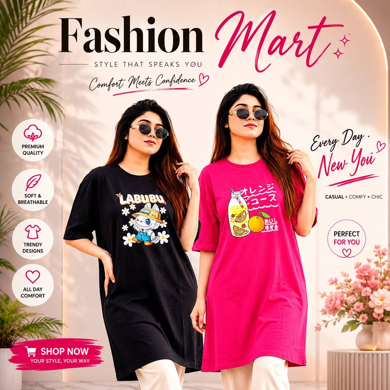2 Pis Long T-Shirt Combo (Labubu Black // Orange Juice Megenta)