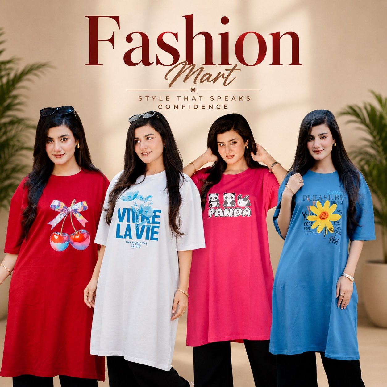 ৪ পিস লং টি-শার্ট কম্বো ১১৯৯ টাকা (Style-Cheery Merun // VIVRE White // Panda Megenta // Pleasure Light Blue)