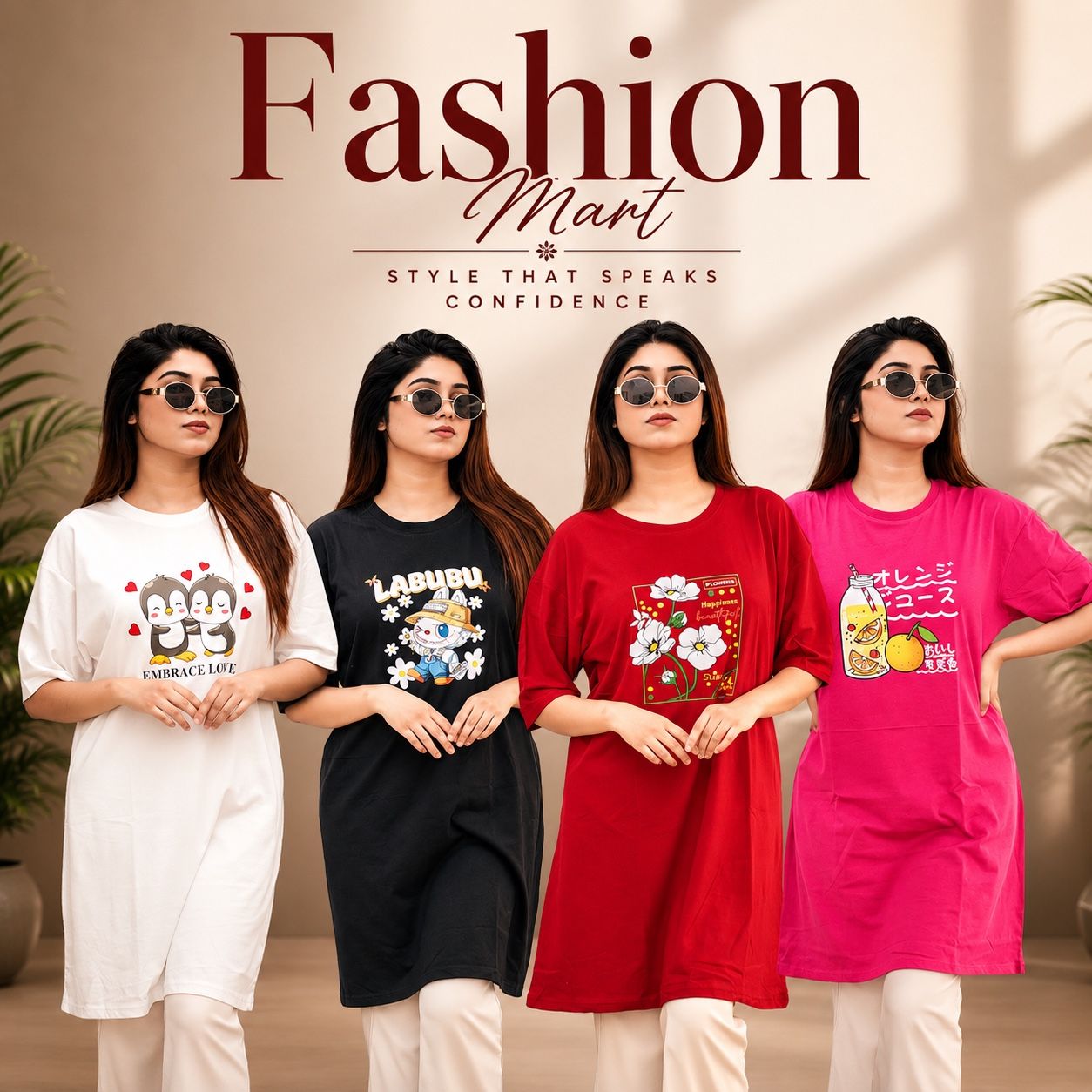 ৪ পিস লেডিস লং টি-শার্ট কম্বো ১১৯৯ টাকা (Style-Orange Juice Megenta // Embrance White // Labubu Black // Sunny Days Merun)