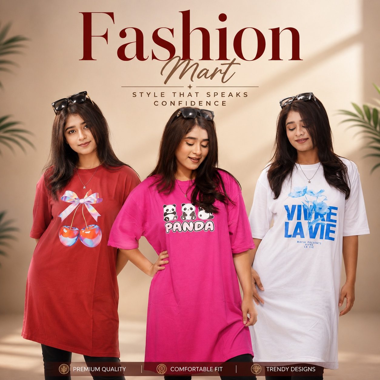 ৩ পিস লং টি-শার্ট কম্বো ৯৯৯ টাকা (Style-Cheery Merun // VIVRE White // Panda Megenta)