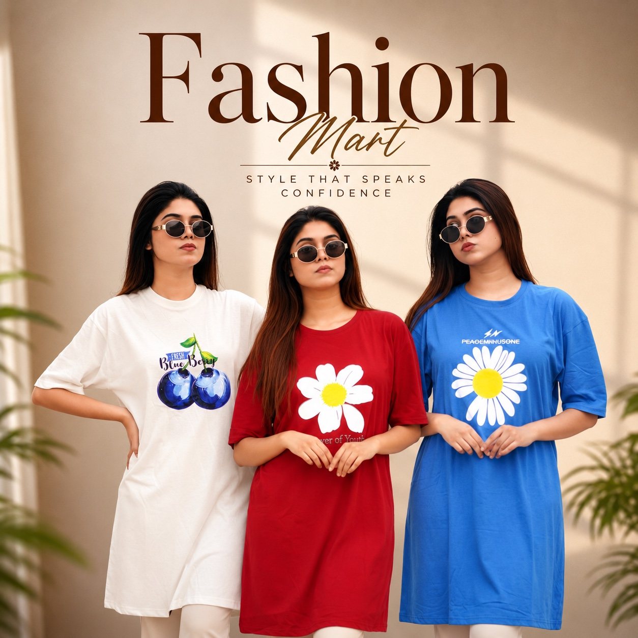 ৩ পিস লং টি-শার্ট কম্বো ৯৯৯ টাকা (Style-Flower Light Blue // Summer of youth Merun // Blue Berry White)