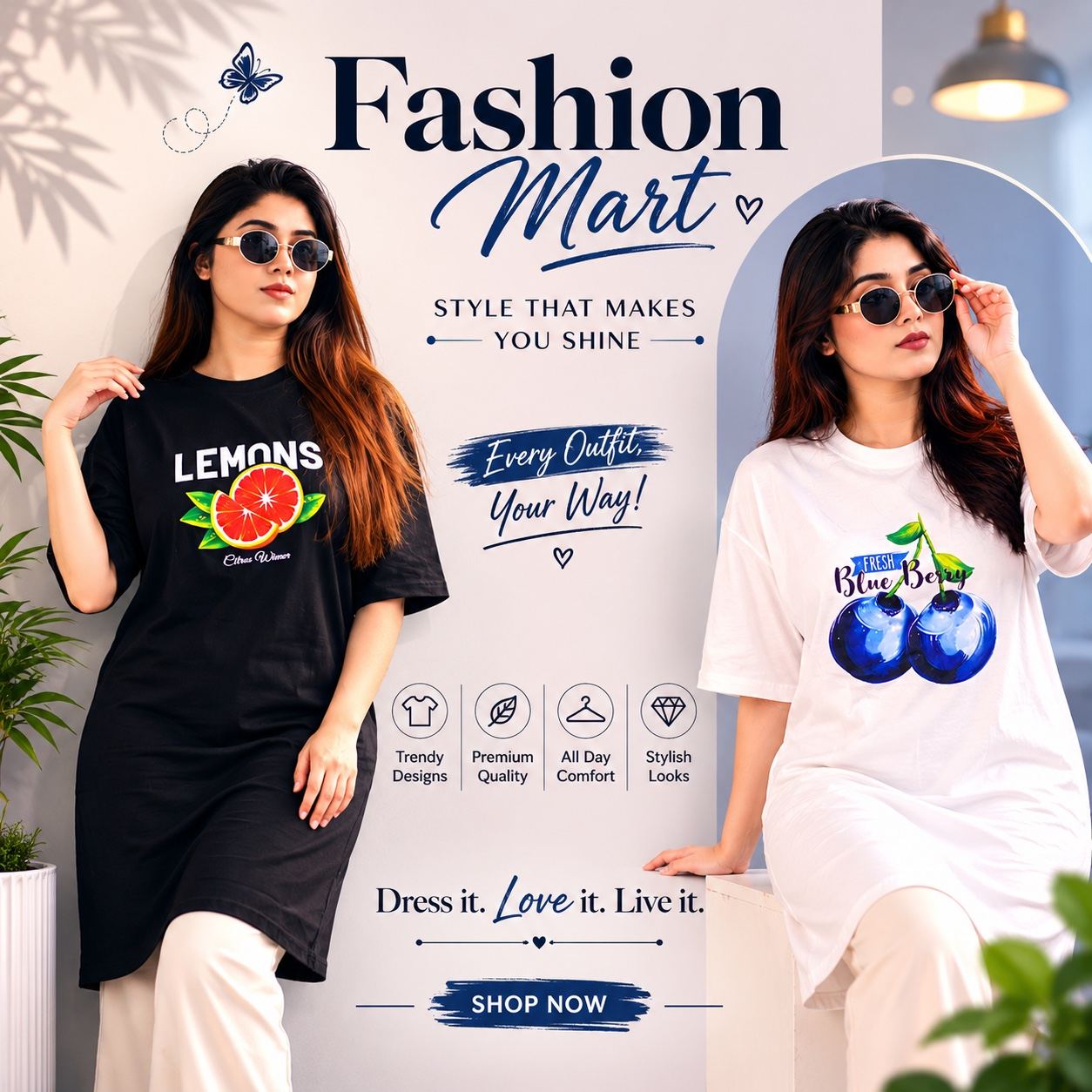 2 Pis Long T-Shirt Combo (Blue berry white // Lemon Black)