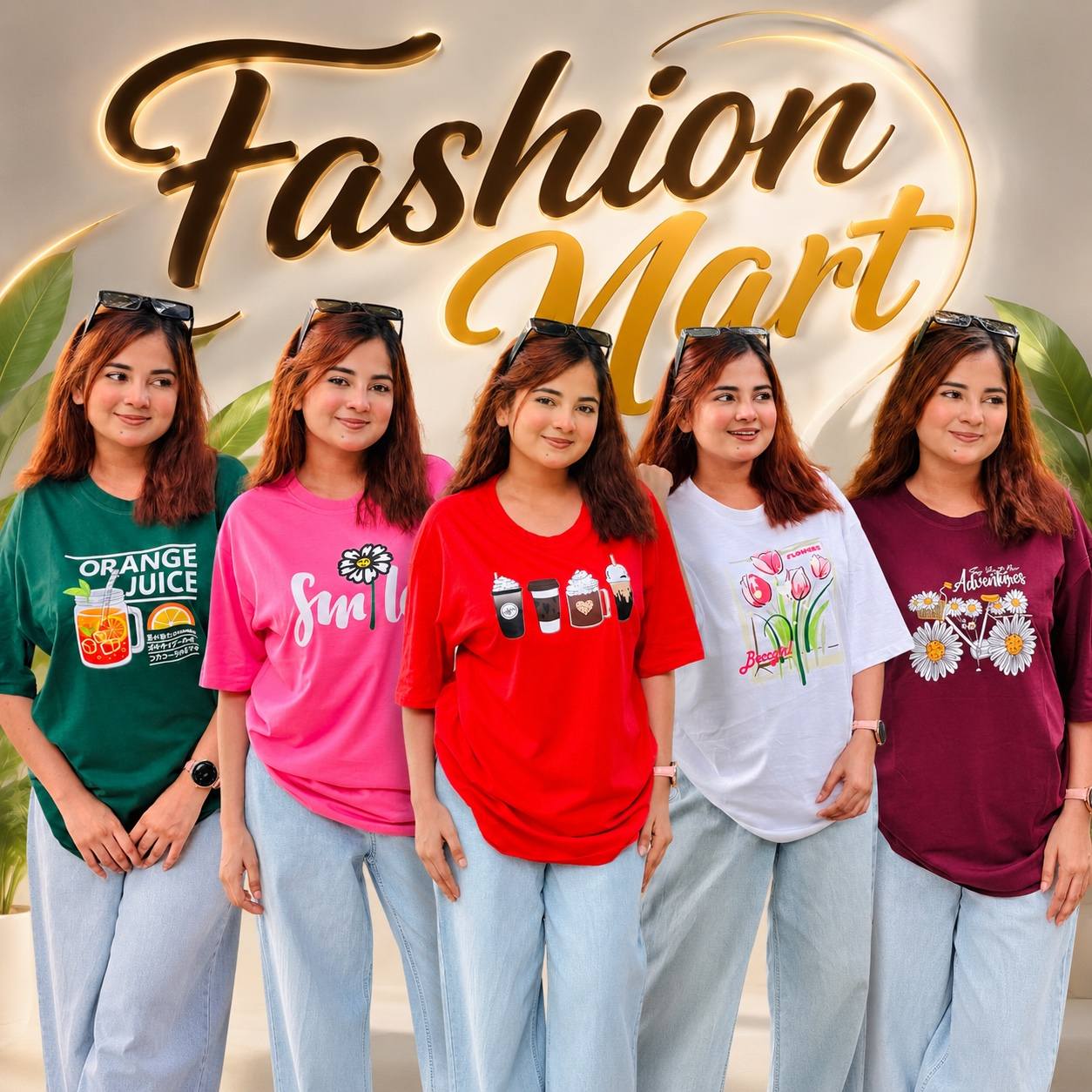 ৫ পিস টি-শার্ট কম্বো ৯৯৯ টাকা ( Orange Juice Green / Smile Pink / ICE Cream Red / Tulip Flower White / Adventure Cofy )