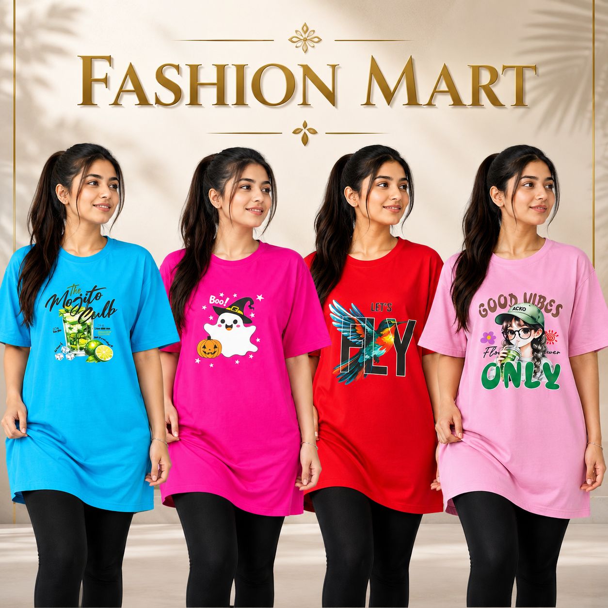 ৪ পিস লং টি-শার্ট কম্বো ১১৯৯ টাকা ( Mojito Royel / Fly Red / Good Vives Pink / BOO Megenta )