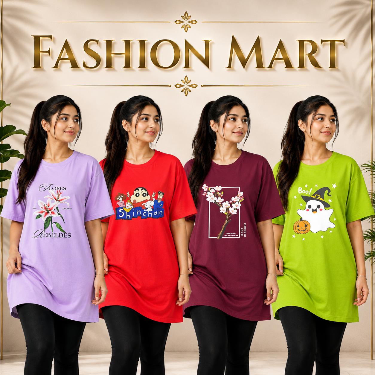 ৪ পিস লং টি-শার্ট কম্বো ১১৯৯ টাকা (Flores Purple / Shinchan Red / Cheery Tree Cofy / BOO Olive)