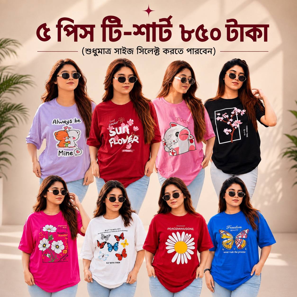 স্টক ক্লিয়ারেন্স অফারে ৫ পিস টি-শার্ট ৮৫০ টাকা(শুধুমাএ সাইজ সিলেক্ট করতে পারবেন)