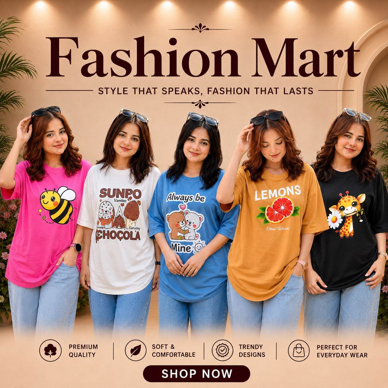 ৫ পিস টি-শার্ট কম্বো ৯৯৯ টাকা ( Giraf Black / Lemon Beige / Sunpo White / BEE Pink / Always Light Blue)