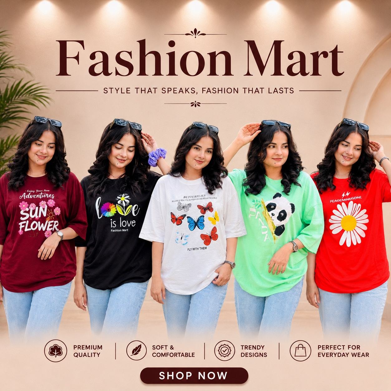 ৫ পিস টি-শার্ট কম্বো ৯৯৯ টাকা ( Sunflower Merun / Flower Red / Love is Black / Panda Lemon / Fly With Them White))