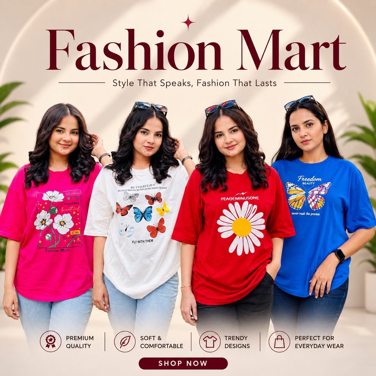 ৪ পিস টি-শার্ট কম্বো ৮৯৯ টাকা (Fly With Them White / Sunny Days Megenta / Freedom Royel / Flower Red)