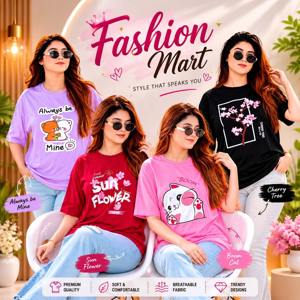 ৪ পিস টি-শার্ট কম্বো ৮৯৯ টাকা (Boom Pink / Sunflower Merun / Always Purple / Cheery Tree Black))