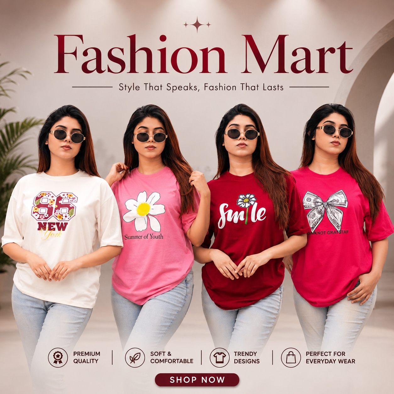 ৪ পিস টি-শার্ট কম্বো ৮৯৯ টাকা (86 Design White / Dollar Megenta / Summer of youth pink / Smile Merun))