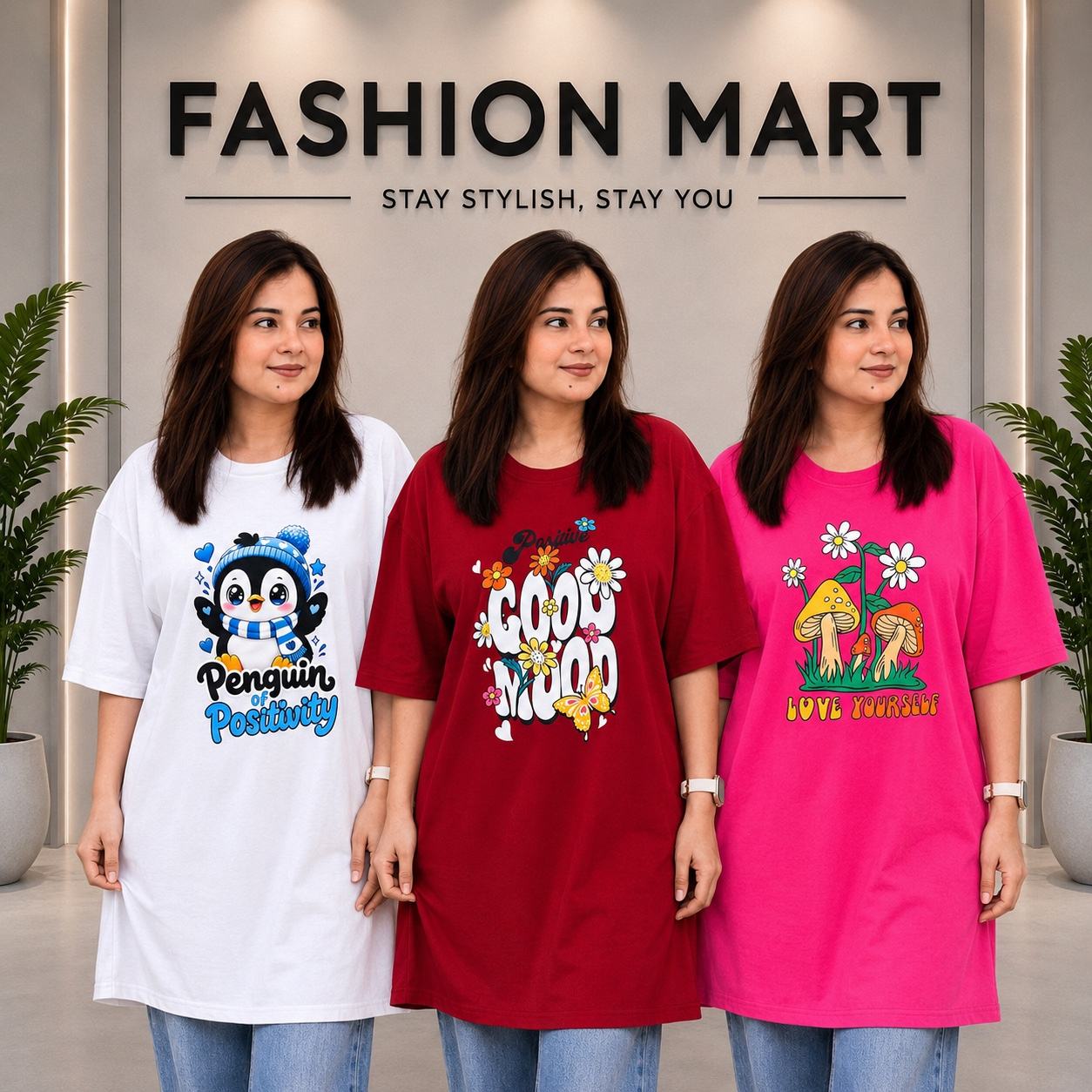 ৩ পিস লং টি-শার্ট কম্বো ৯৯৯ টাকা (Style-Penguine White / Good Mood Merun / Love Yourself Megenta)