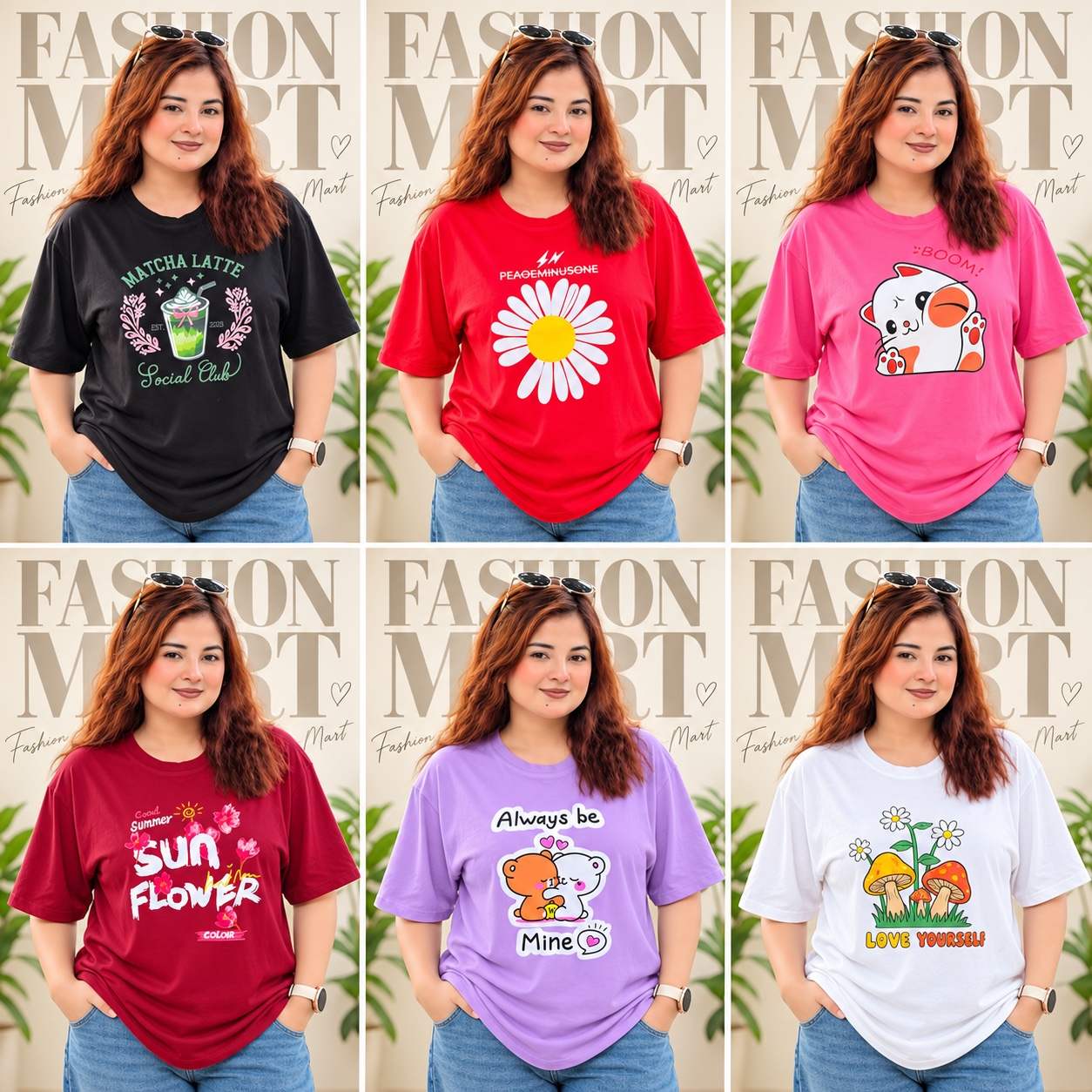 ৬ পিস টি-শার্ট কম্বো ৯৯৯ টাকা (Matcha Black/Masroom White/Sunflower Merun/Always Purple/Boom Pink/Flower Red)