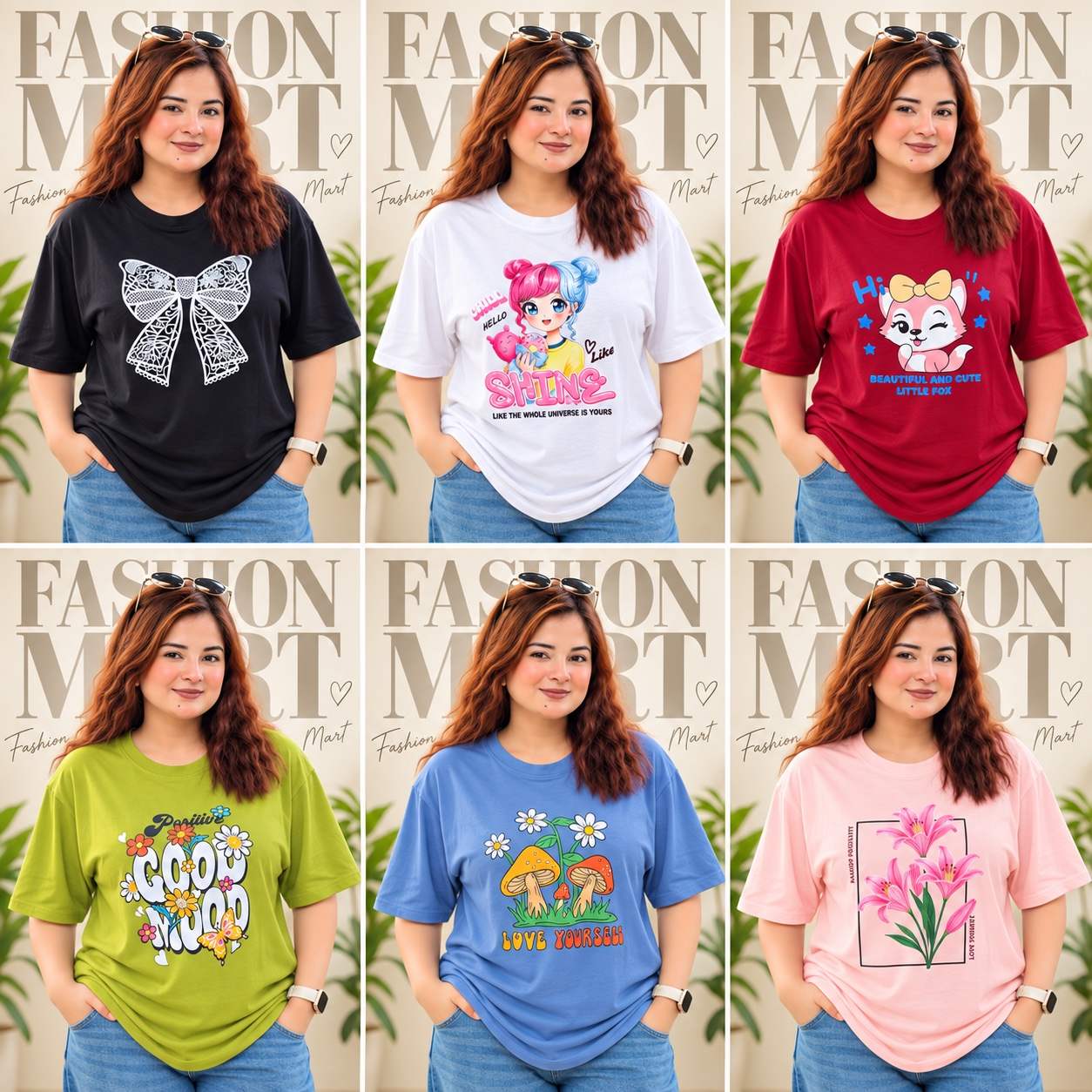 ৬ পিস টি-শার্ট কম্বো ৯৯৯ টাকা (Good mood Olive/New Bow Black/Shine White/Hi Merun/Masroom Light Blue/Best Version Light Pink)