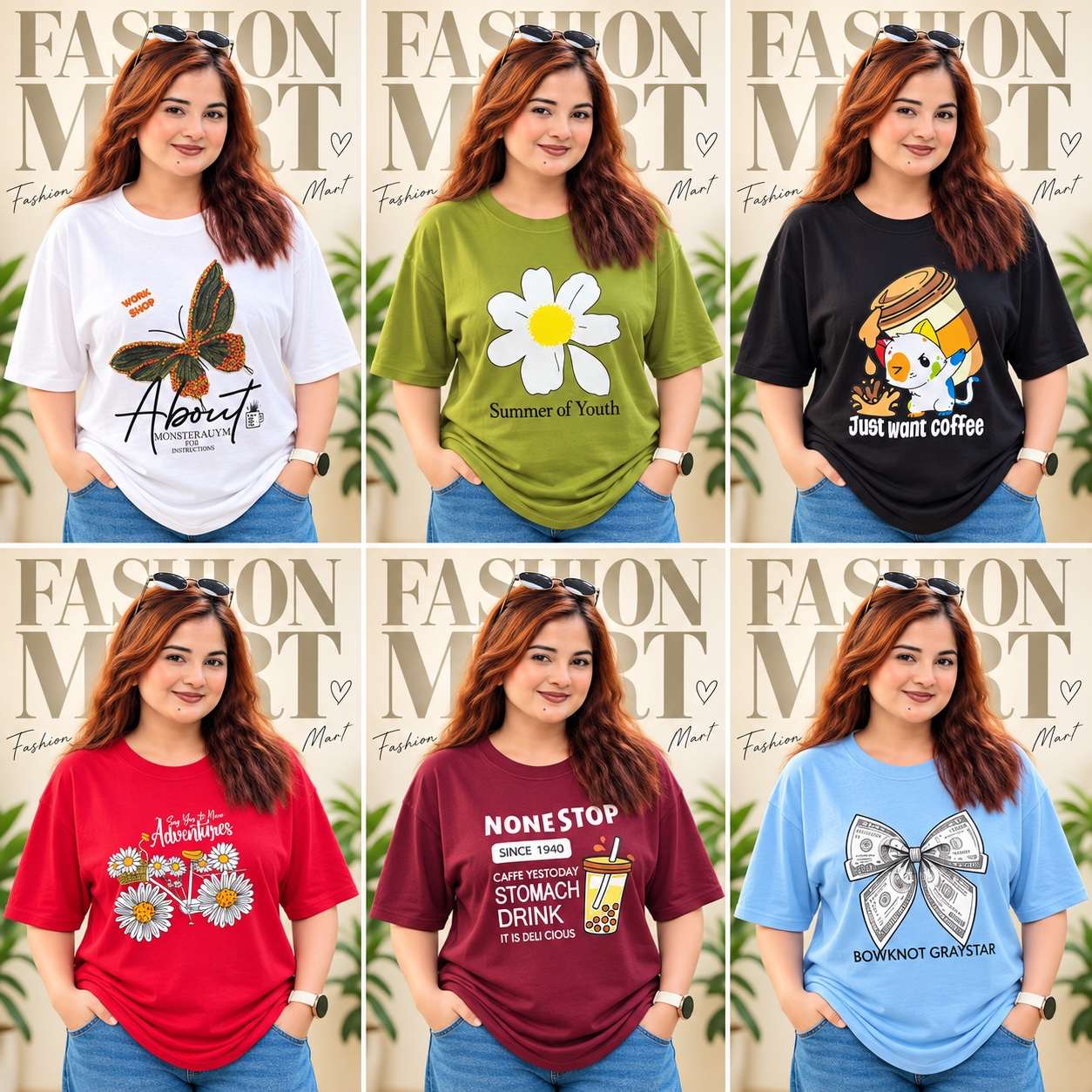 ৬ পিস টি-শার্ট কম্বো ৯৯৯ টাকা (Summer of youth Olive/About White/Just want black/Dollar Purple/Nonstop Cofy/Adventure Merun)