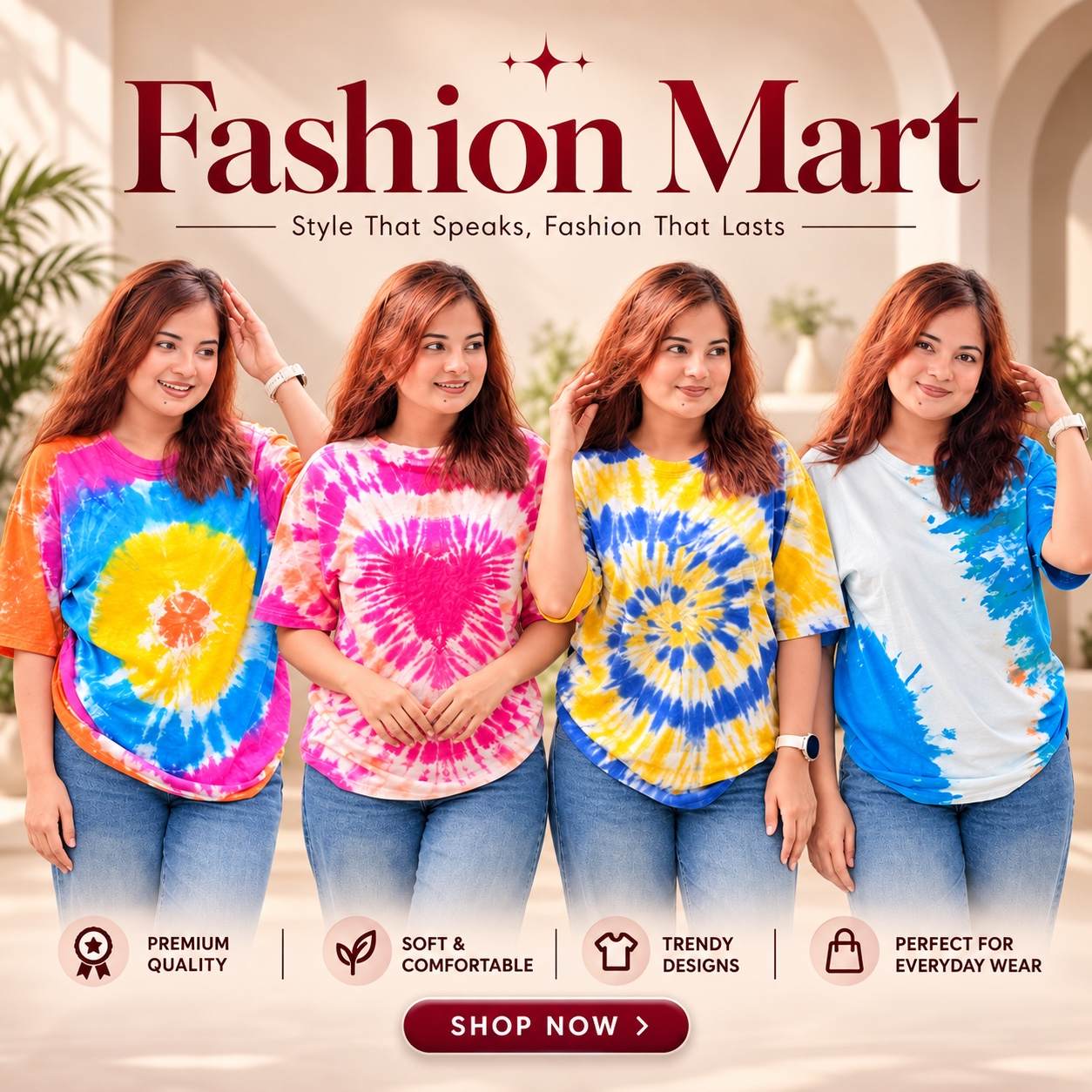 ৪ পিস প্রিমিয়াম বাটিক টি-শার্ট ১১৯৯ টাকা(Style-Blue Rainbow / Pink Love / Yellow Batik / White Batik)
