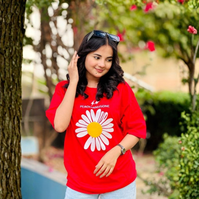 Ladies Drop Shoulder (Flower Red)