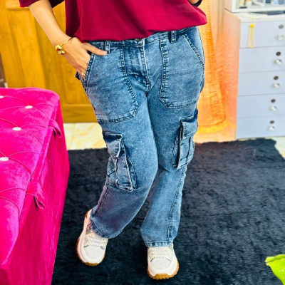 Ladies Cargo Denim Pant (Deep Blue)