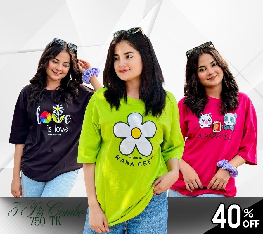 ৩ পিস টি-শার্ট কম্বো মাএ ৭৫০ টাকা (Nana Crew Neon/A Happy Day Megenta/Love Black)
